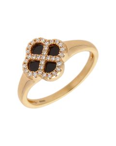 New Gold Plated Cubic Zirconia & Black Agate Petal Ring