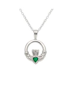 New Sterling Silver Green Cubic Zirconia Set Claddagh Necklace