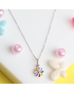 New Sterling Silver Rainbow Flower Pendant & 14" Chain Necklace