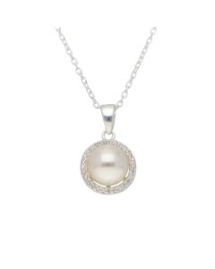New Sterling Silver Pearl & Cubic Zirconia Halo Pendant Necklace