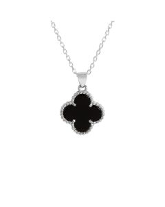 New Sterling Silver Onyx Clover Petal Pendant Necklace