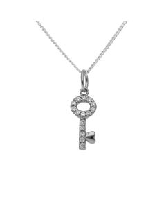 New Sterling Silver Cubic Zirconia Key Pendant & 18" Necklace