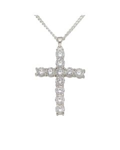 New Sterling Silver Large Cubic Zirconia Cross & Chain Necklace
