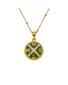 New Gold Plated Cubic Zirconia & Malachite Compass Necklace