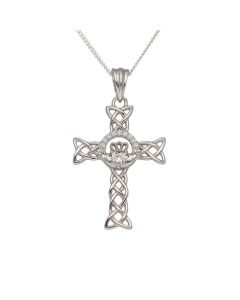 New Sterling Silver Cubic Zirconia Claddagh Cross Necklace