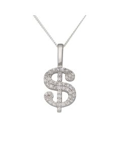 New Sterling Silver Cubic Zirconia Dollar Pendant & 18" Necklace