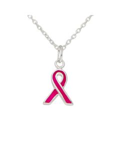 New Sterling Silver Pink Ribbon Pendant & Chain Necklace