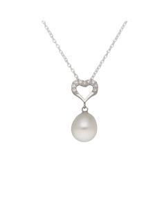 New Sterling Silver Cubic Zirconia Heart & Pearl Drop Necklace