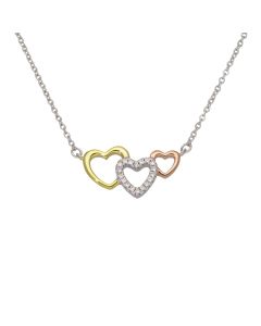 New Gold Plated Sterling Silver 3 Colour Triple Heart Necklace
