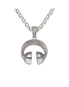 New Sterling Silver Cubic Zirconia HeadPhones Pendant & Necklace