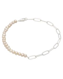 New Sterling Silver Freshwater Pearl & Paper Link 7.5" Bracelet