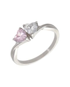 New Sterling Silver Pink & Clear Cubic Zirconia Hearts Ring