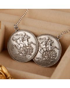 New Sterling Silver George & Dragon Double Coin Necklace