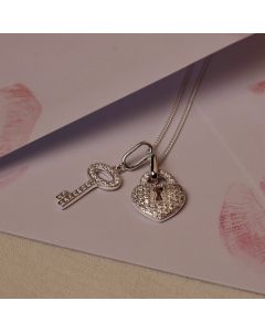 New Sterling Silver Cubic Zirconia Key To Heart Padlock Necklace
