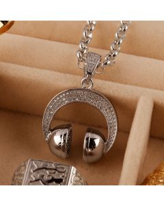 New Sterling Silver Cubic Zirconia HeadPhones Pendant & Necklace