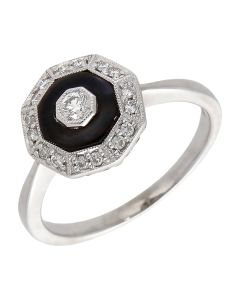 Pre-Owned 18ct White Gold Onyx & Diamond Halo Cluster Ring