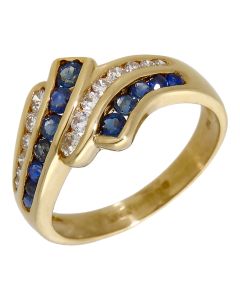 Pre-Owned 9ct Gold Sapphire & Diamond Multi Row Wave Ring