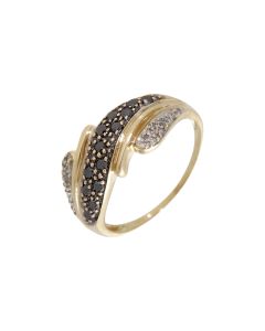 Pre-Owned 9ct Yellow Gold Black & White Diamond Wave Ring