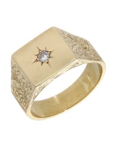 Pre-Owned 9ct Gold Diamond Set Engraved Shoulder Signet Ring