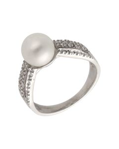 Pre-Owned 9ct White Gold Simulated Pearl & Diamond Dress Ring