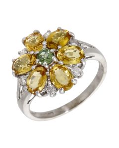 Pre-Owned 9ct White Gold Green & Yellow Sapphire Cluster Ring