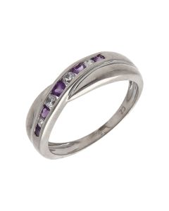 Pre-Owned 9ct Gold Amethyst & Cubic Zirconia Crossover Wave Ring