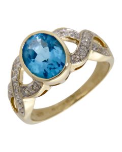 Pre-Owned 9ct Yellow Gold Blue Topaz & Diamond Dress Ring
