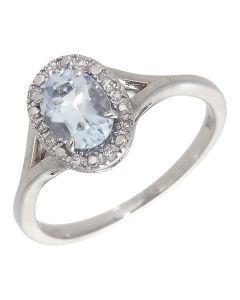 Pre-Owned 9ct White Gold Blue Topaz & Diamond Oval Halo Ring