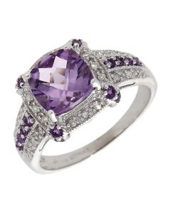 Pre-Owned 14ct White Gold Amethyst & Diamond Cluster Ring