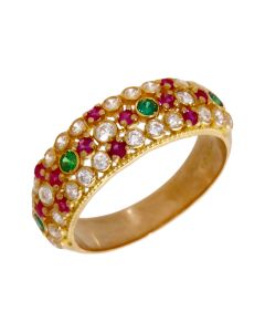 Pre-Owned 22ct Gold Multi Colour Gemstone Triple Row Dress Ring