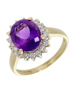 Pre-Owned 9ct Yellow Gold Amethyst & Diamond Cluster Ring