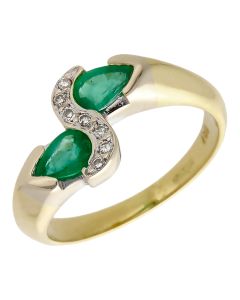 Pre-Owned 18ct Gold Emerald & Diamond Crossover Twist Ring