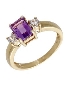 Pre-Owned 9ct Yellow Gold Amethyst & Cubic Zirconia Trilogy Ring