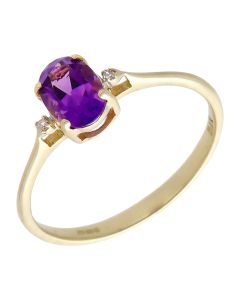Pre-Owned 9ct Yellow Gold Oval Amethyst & Diamond Dress Ring