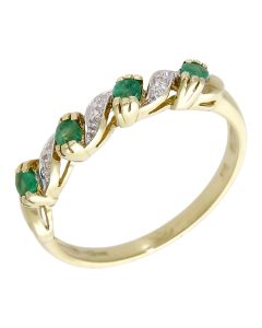 Pre-Owned 9ct Yellow Gold Emerald & Diamond Wave Ring
