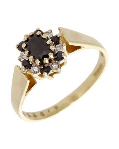Pre-Owned 9ct Yellow Gold Sapphire & Diamond Cluster Ring