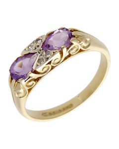 Pre-Owned 9ct Yellow Gold Amethyst & Diamond Dress Ring