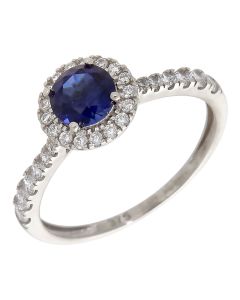 Pre-Owned 9ct White Gold Synthetic Sapphire & CZ Halo Ring