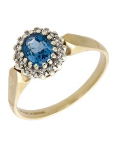 Pre-Owned 9ct Yellow Gold Blue Topaz & Diamond Cluster Ring
