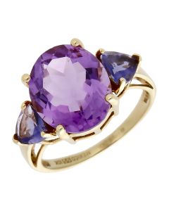 Pre-Owned 9ct Yellow Gold Amethyst & Iolite Trilogy Dress Ring