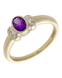 Pre-Owned 9ct Yellow Gold Amethyst & Diamond Dress Ring