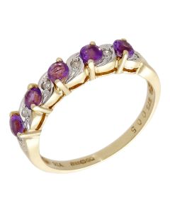 Pre-Owned 9ct Yellow Gold Amethyst & Diamond Band Ring