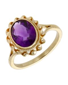 Pre-Owned 9ct Yellow Gold Rope Edged Oval Amethyst Ring