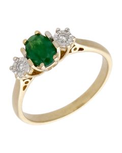 Pre-Owned 9ct Yellow Gold Emerald & Diamond Trilogy Ring
