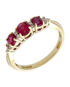 Pre-Owned 9ct Yellow Gold Ruby & Diamond Trilogy Dress Ring