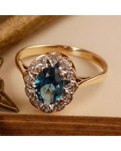 Pre-Owned Vintage 1988 9ct Gold Blue Topaz & Diamond Dress Ring