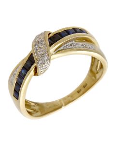 Pre-Owned 9ct Yellow Gold Sapphire & Diamond Crossover Wave Ring