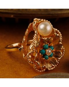 Pre-Owned Vintage 1966 14ct Gold Turquoise & Pearl Floral Ring