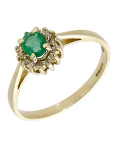 Pre-Owned 9ct Yellow Gold Emerald & Diamond Cluster Ring