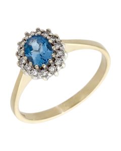 Pre-Owned 9ct Yellow Gold Blue Topaz & Diamond Cluster Ring